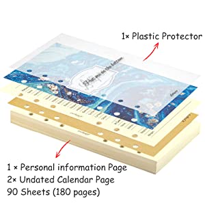 Product Name: Lollipro Lined Loose Leaf 120gsm Writing Paper For A6 Personal Size Binder
Package Includes: 2 pack total 90 sheets (180 pages) writing paper, 1 × personal information page, 12 × Kraft undated calendar Index sticker and 1 ×plastic protector.