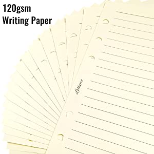 Refillable Lined: 22 lines for each page, 7mm ruled appropriate for writing.
Good Quality Paper: 120gsm thick good quality writing paper, No ink Feathering No Bleeding and No Ghosting.